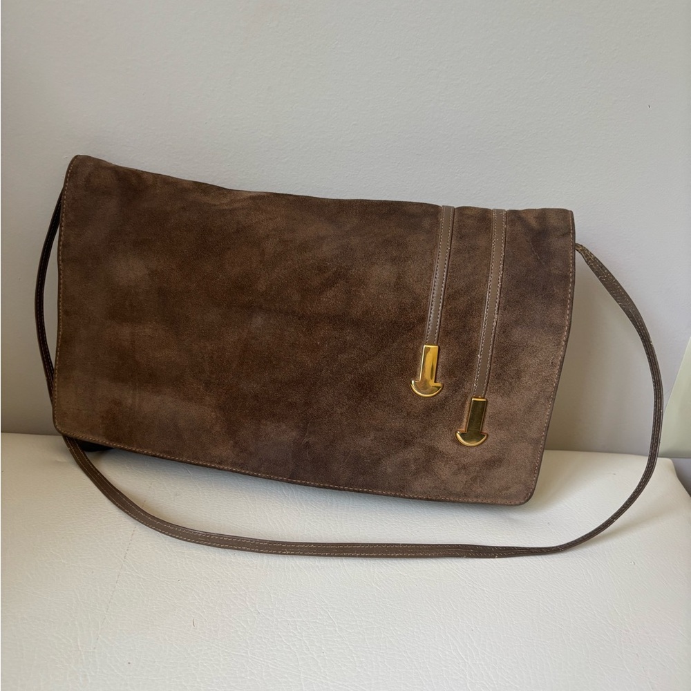 Brown Suede Crossbody Bag with Gold Accents